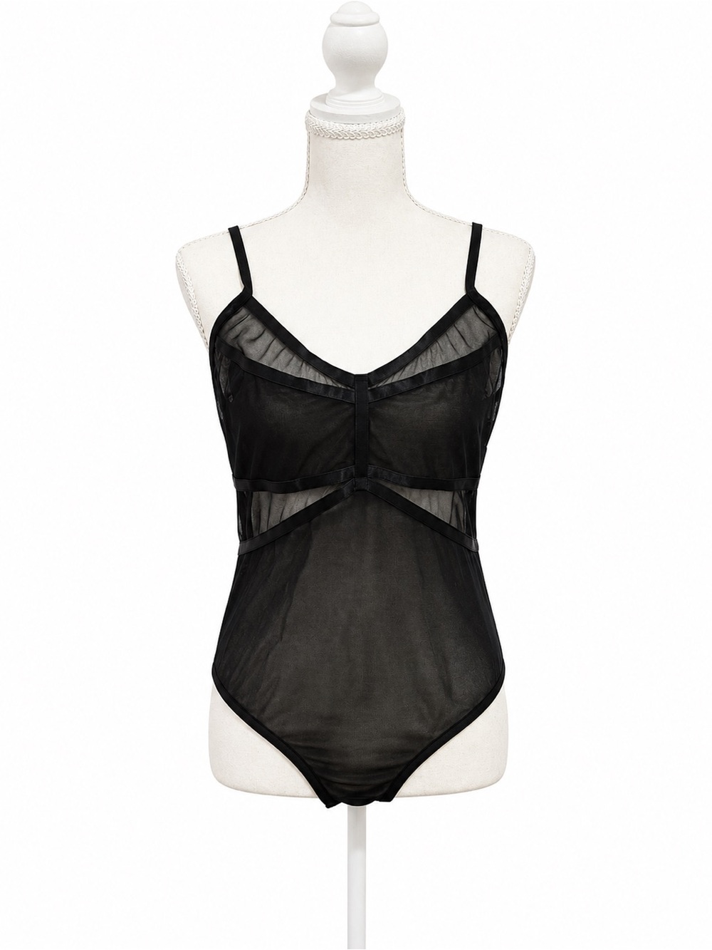 BCBG Max Azria Sheer Mesh Bodysuit Black Large Satin Trim Adjustable Straps